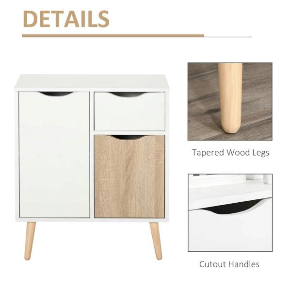 White sideboard with cutout drawer handles, wood door panel, and tapered wood legs.