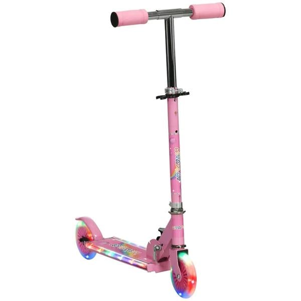 Kids pink scooter with glowing wheels and pink grips, front wheel lit while standing