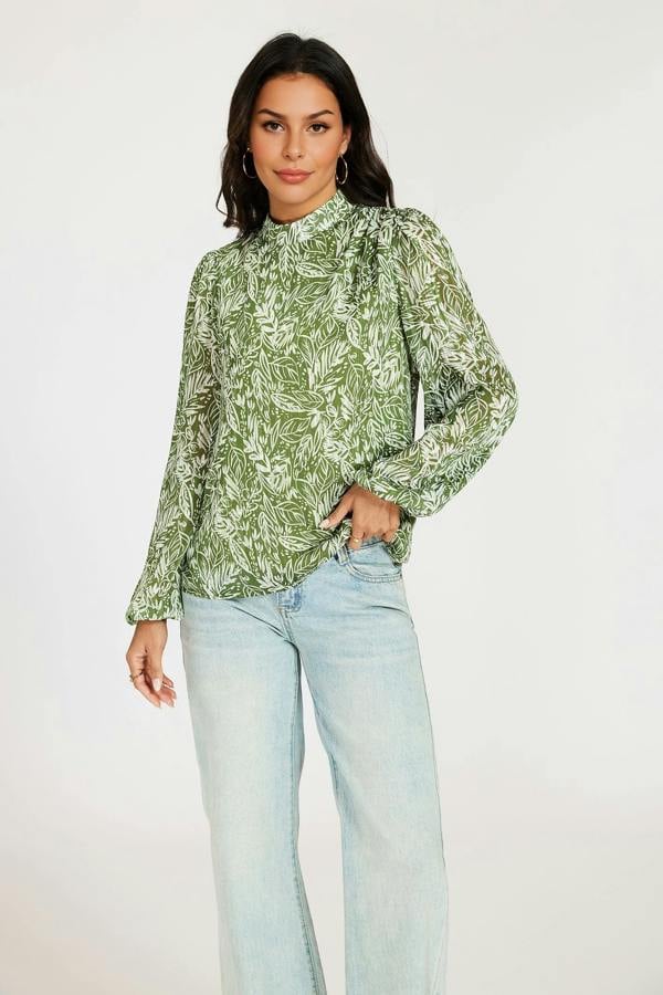 FS Collection Silver Thread Leaf Print Long Sleeve Blouse Top In Green