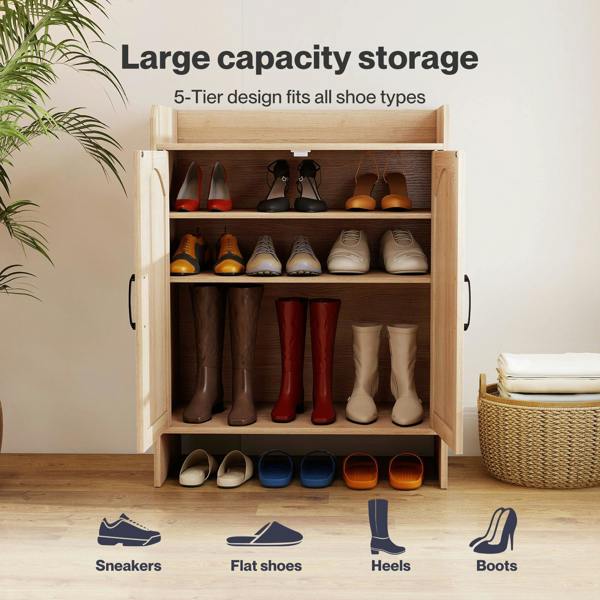 Levede Shoe Cabinet 5-Layer Rattan Double Wooden Doors White Entrance Storage