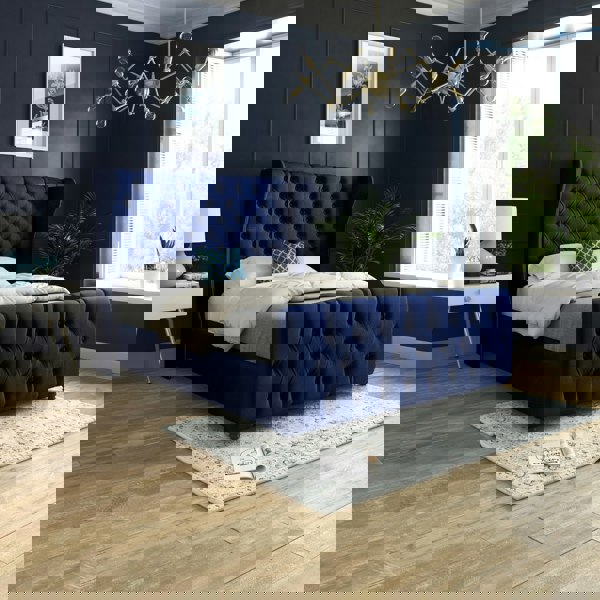 Casa Magna Donati Straight Curved Top Upholstered Soft Velvet Bed Frame - Blue