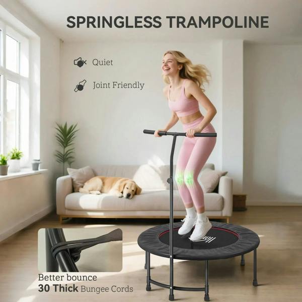Black springless trampoline with adjustable handle and thick bungee cord bounce system