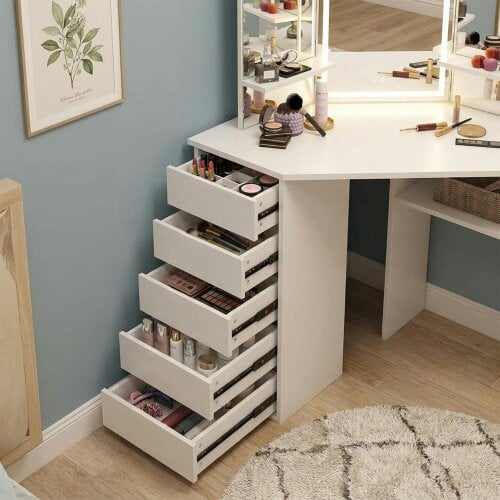 Kosy Koala White Dressing Table Wood Makeup Desk with LED Mirror 5 Drawers Corner