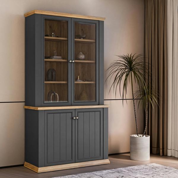Furniture To Go Pontypool 4 Door Display Cabinet in Grey and Mauvella Oak