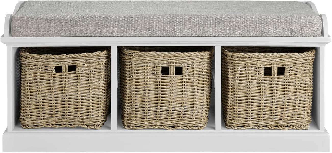 Statement Furniture Tetbury White Storage Bench with 3 Strong Wicker Baskets and Cushion Seat Assembled