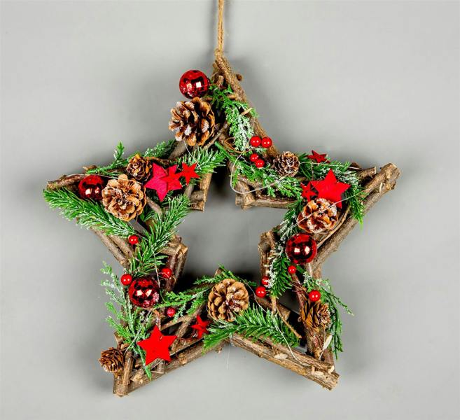 35cm B/O LED Twig Hanging Star Red Festive Decoration with Warm White Lights image 3