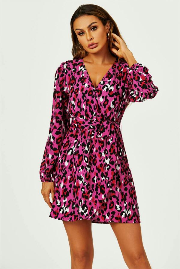 FS Collection Leopard Print Wrap Top Mini Dress In Magenta