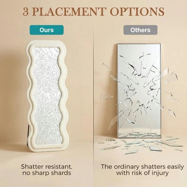 Full Length Mirror, 160 x 60 cm Wavy Full Body Wall Standing Mirror with Velvet Frame and Tempered Glass, Cream White