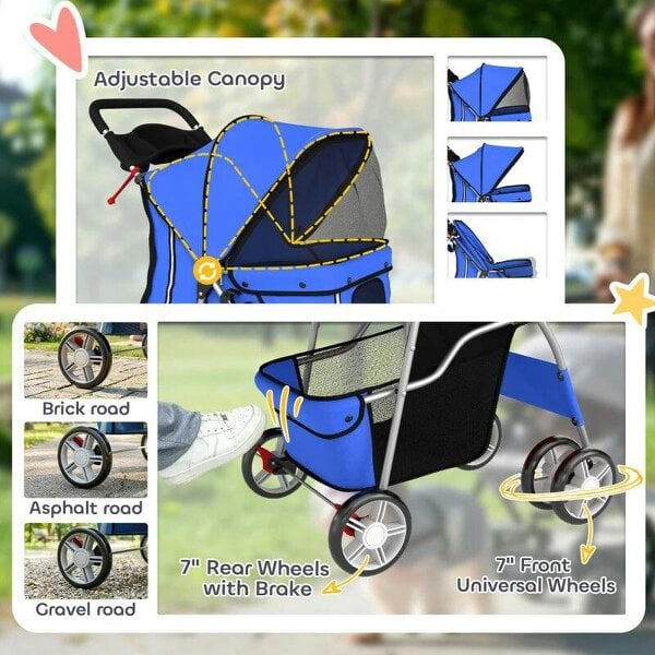 Dog Pram, Pet Stroller with Reflective Strips, Foldable Cat Stroller with 360° Swivel Wheels, Blue