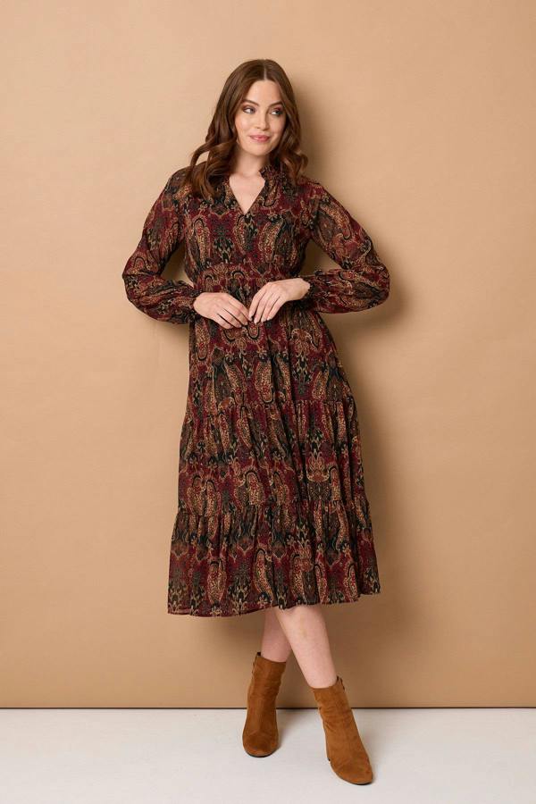 Black | Paisley Tiered Long Sleeve Maxi Dress