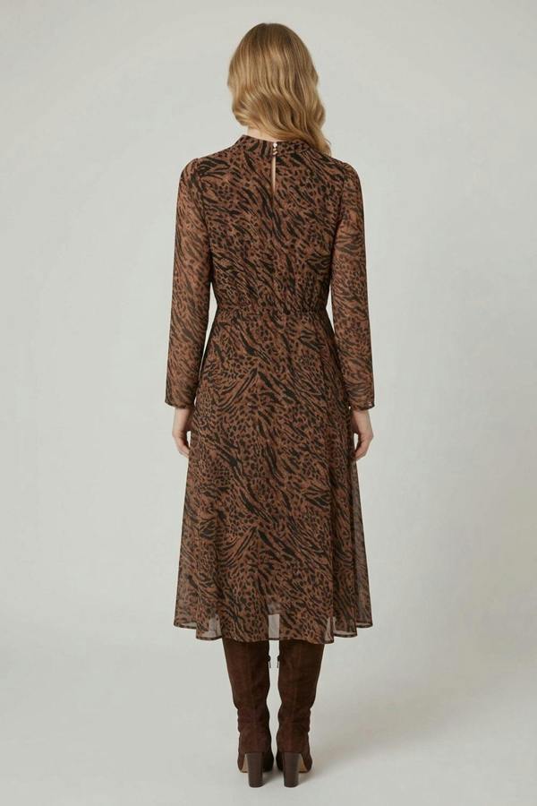 Brown | Animal Print High Neck Midi A-Line Dress