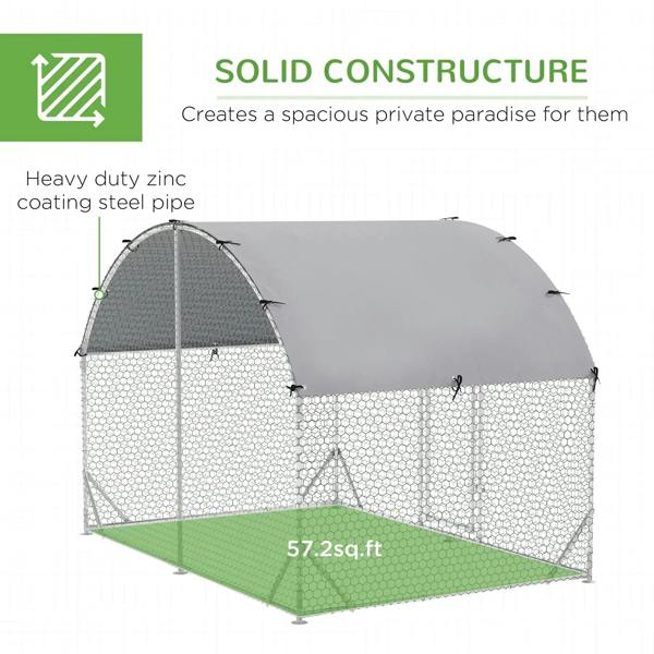 Galvanized chicken run with silver frame, arched cover, and mesh side panels