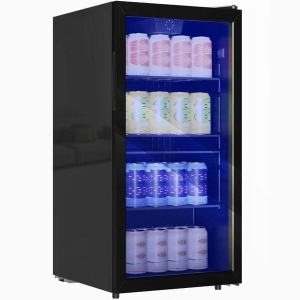 93L Drinks Fridge, 115 Can Freestanding Beer Fridge with Glass Door, Adjustable Shelves, LED Light, for Beer Soda, Black