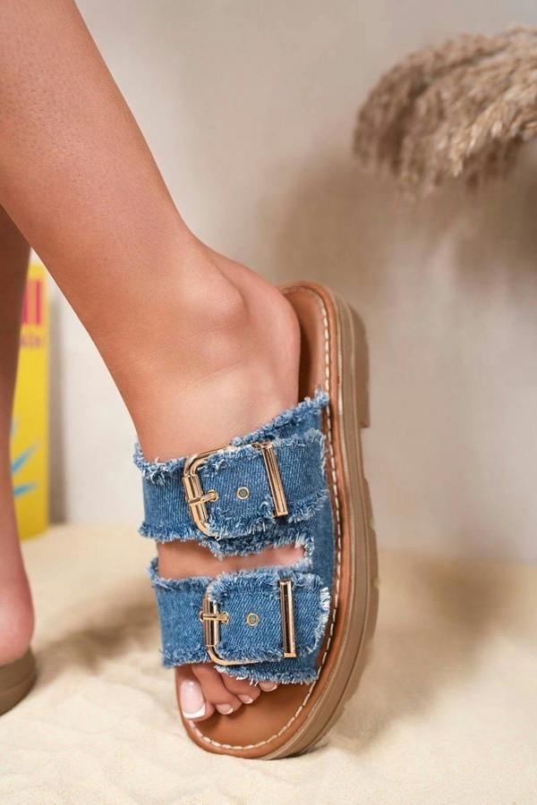 Madelina Double Buckle Denim Platform Sandals - D.Blue