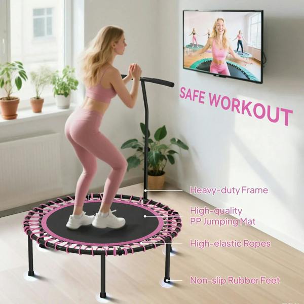 Pink mini trampoline with adjustable handle and non-slip rubber feet