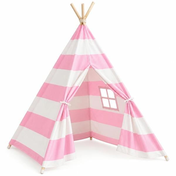 ATEK Kids Teepee Play Tent Pink & White Indoor Outdoor Children’s Canvas Playhouse