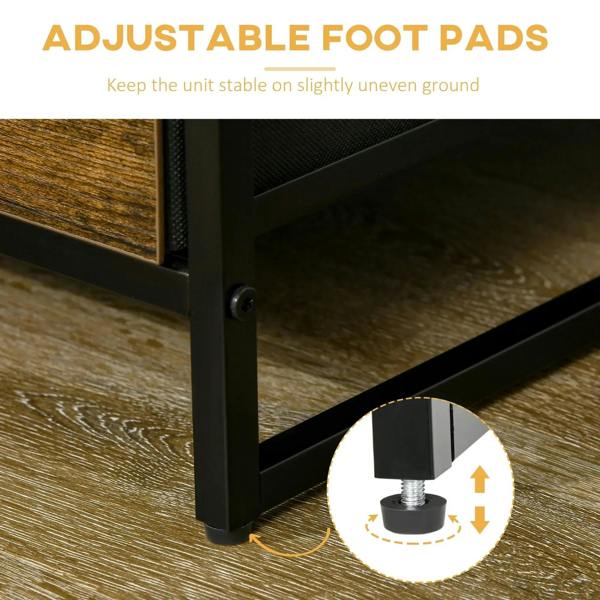 Bottom corner view of storage cabinet with adjustable foot pads on a floor surface