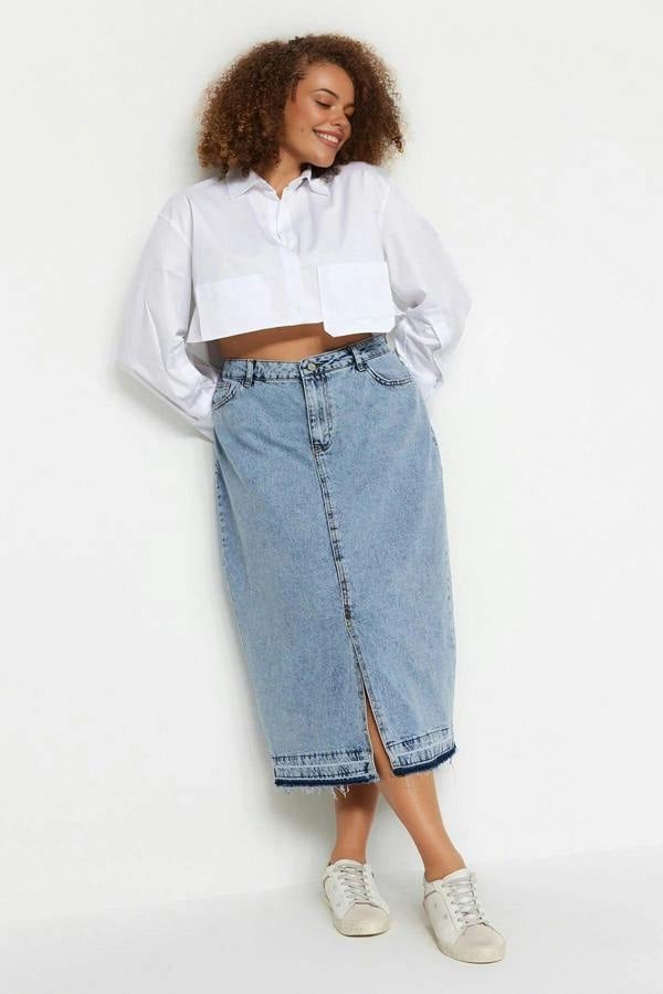 WOVCOR Front Slit Midi Length 100% Cotton Non-Stretch Plus Size Denim Skirt
