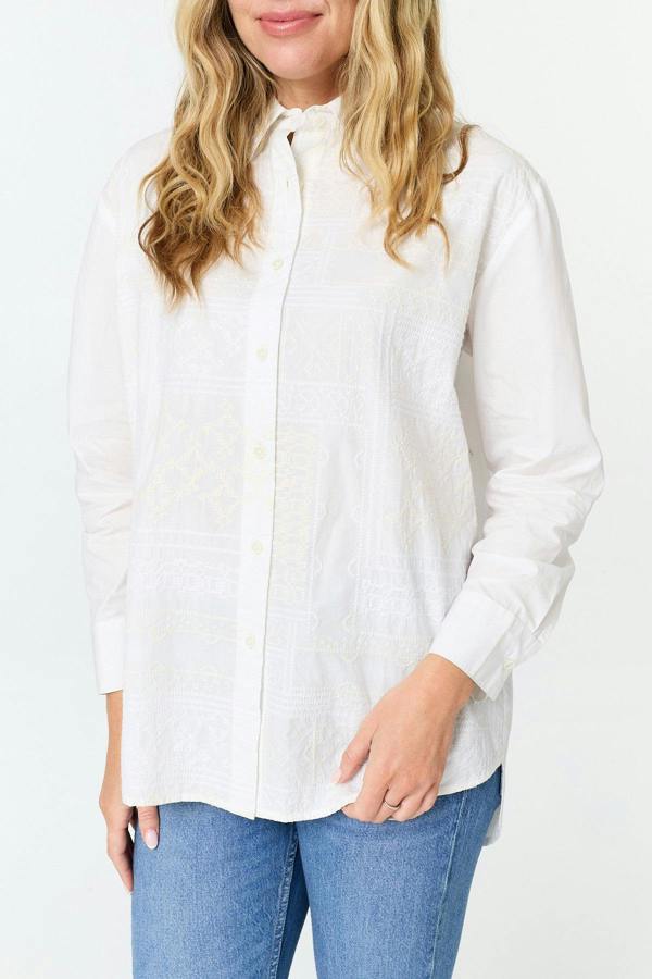 White | Long Sleeve Embroidered Texture Shirt