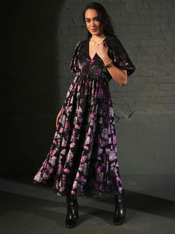 Rose & Nancy Margot Black Velvet Burnout Floral Dress