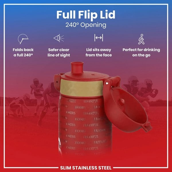 A red, slim stainless steel water bottle with a full flip lid, showcasing a 240° opening, is shown against a blurred background of football players. The lid folds back completely, away from the face, for easy drinking on the go.