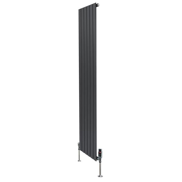 Flat single column radiator in anthracite grey, 1800mm x 420mm, featuring sleek vertical panels and modern valve design