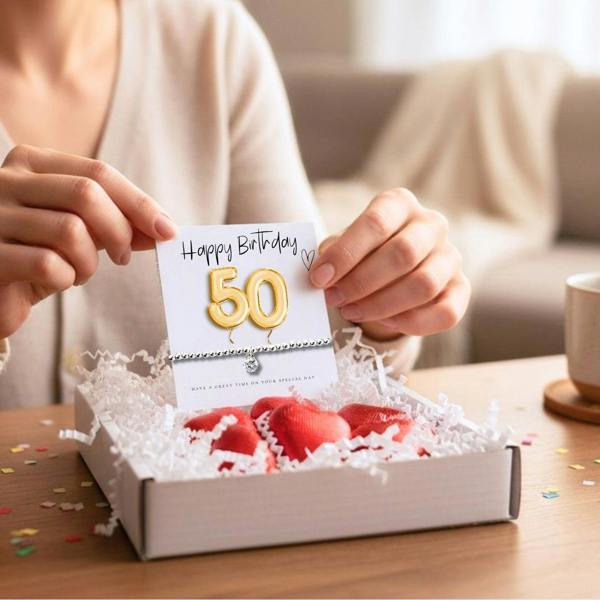 Aye Do Gifts 50th Birthday Gift Box, Cubic Zirconia Bracelet & Chocolate Hearts