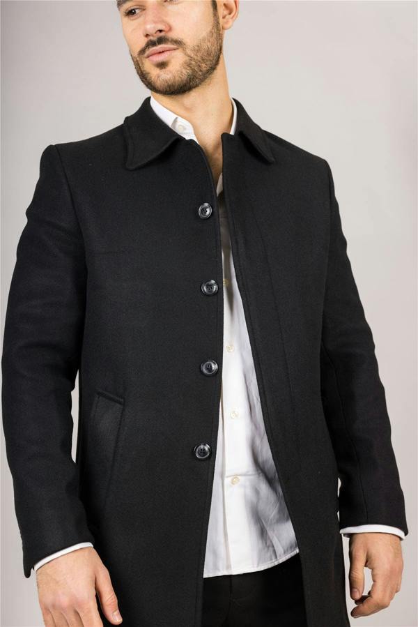 Infinity Leather Men's Wool Blend Classic Collar Black Overcoat