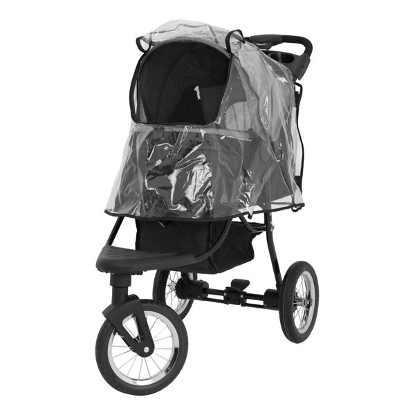 Grey pet jogger with a clear weather shield, sturdy wheels, and a spacious cabin for pets, ideal for outdoor adventures