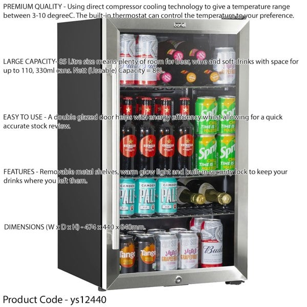 85L Under Counter Wine Beer Drinks Fridge Cooler - Glass Front Stainless Steel - LoopsDirect