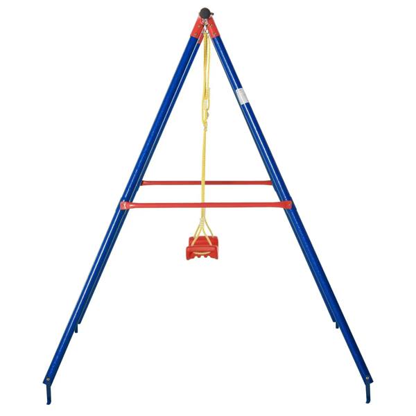Blue A-frame swing with red seat and yellow rope, single hanging swing view