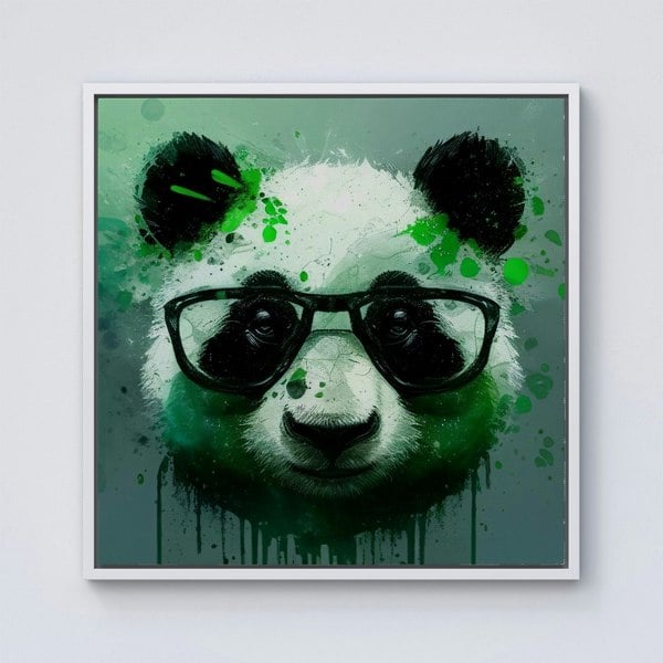 Warren Reed Panda With Glasses, Green Splash Art Framed Canvas