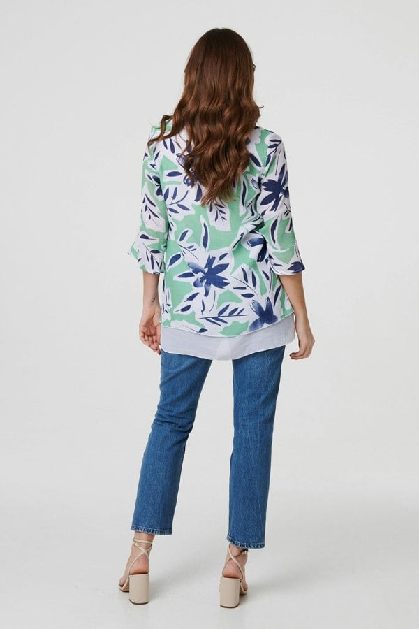 Green | Floral Print Layered Relaxed Tunic Top
