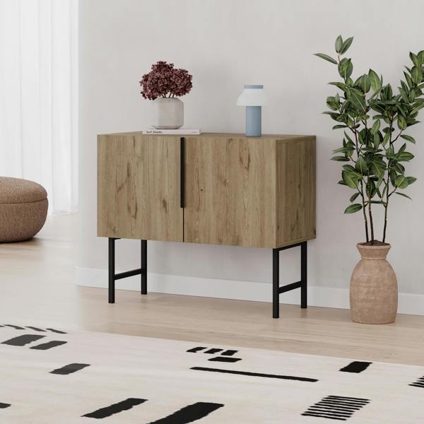 Decortie Modern Tona Console Cabinet w/Soft-Close 2 Doors Sideboard Black Metal Legs 88(W)cm