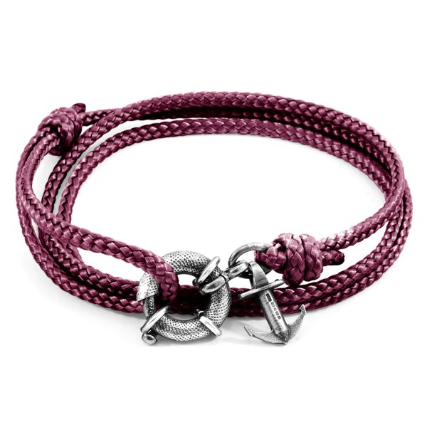 Anchor & Crew Aubergine Purple Clyde Anchor Silver and Rope Bracelet 