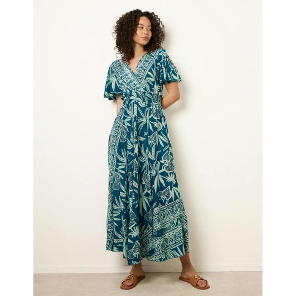 Blue Vanilla Wrap Over Angel Sleeve Shirred Maxi Dress