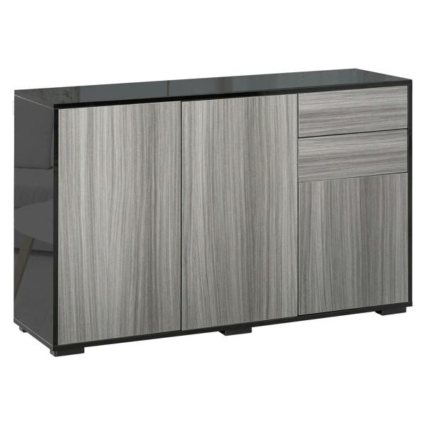 Light grey and black side cabinet with two doors and two drawers, rectangular profile