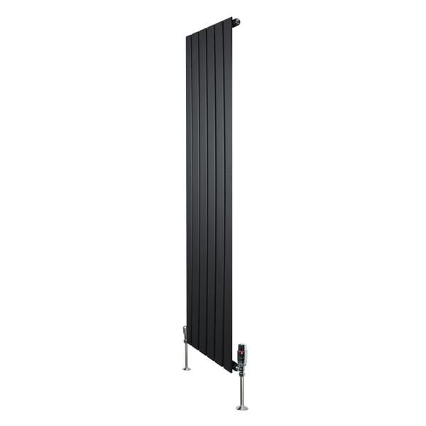 Sleek black flat single column radiator with vertical panels, measuring 1600mm x 420mm, includes stylish valves for modern decor