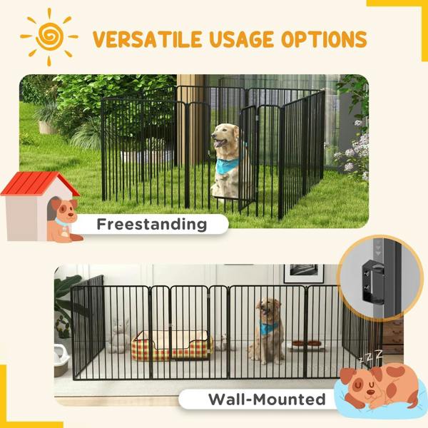 Black metal dog pen enclosure shown for freestanding and wall-mounted use