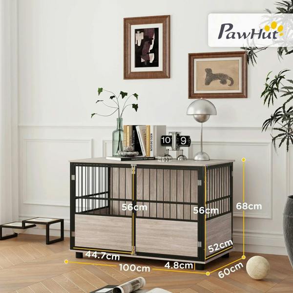Brown wood dog crate end table with black metal fencing and hinged front doors.