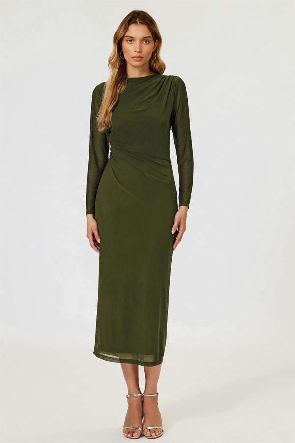 FS Collection Long Sleeves Mesh Midi Dress In Olive