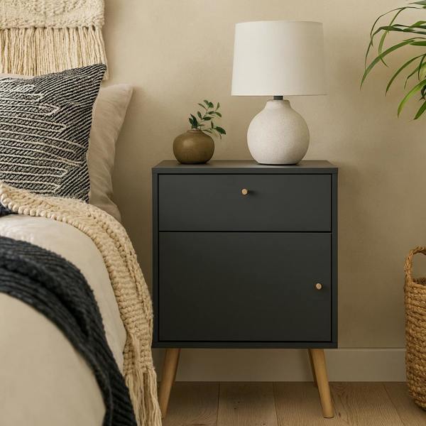 Wyld Haus Quietbloom Dark Grey Wooden Bedside Table 1 Door 1 Drawer