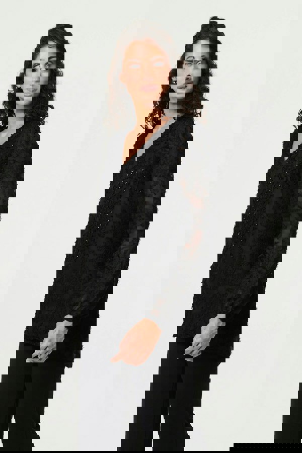 Black | Lace Embellished V-Neck Long Sleeve Top
