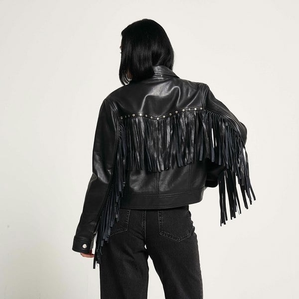 Barneys Originals Women's Leather Tassel Biker Jacket