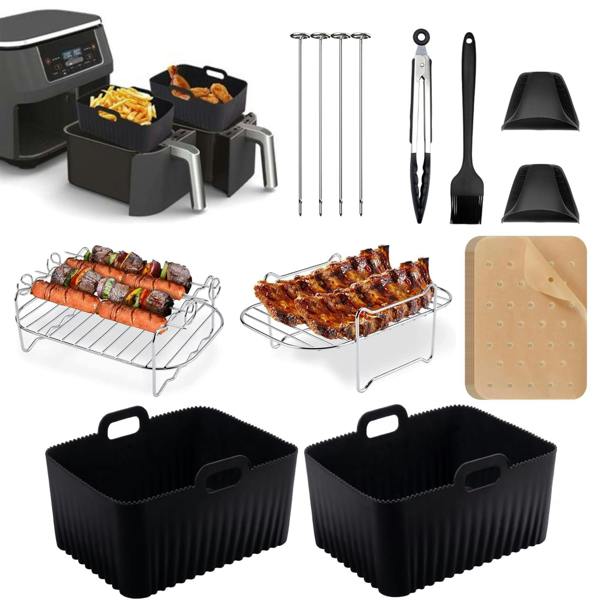 ADOV Air Fryer Accessories Kit 13-Piece for Dual Air Fryers, Silicone Liners, Racks, Skewers, Gloves and Cooking Tools