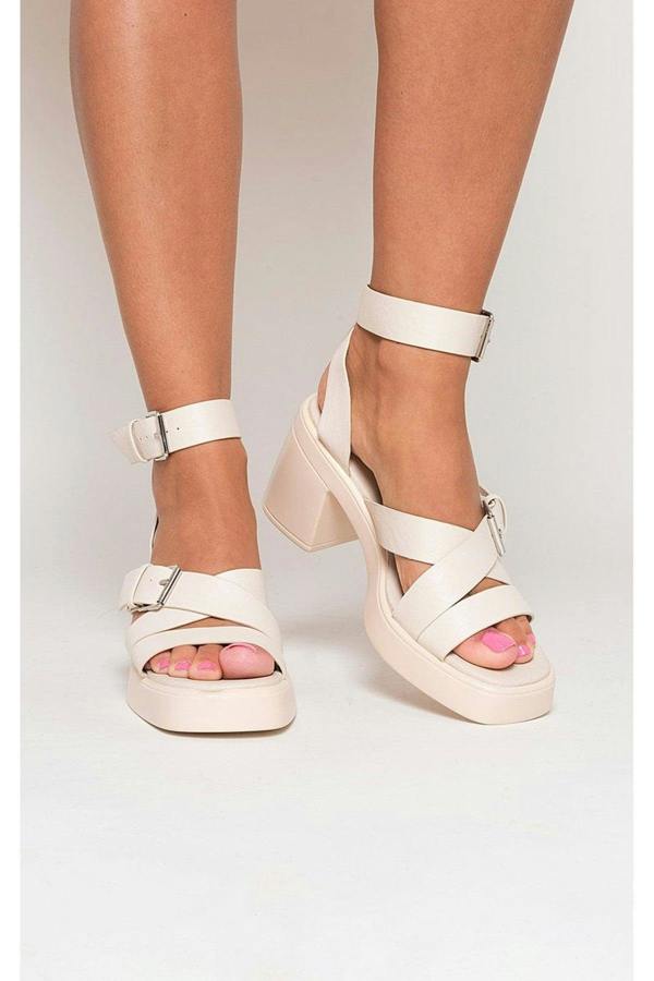 Faye Cris Cross Ankle Strap Heeled Sandals - Cream
