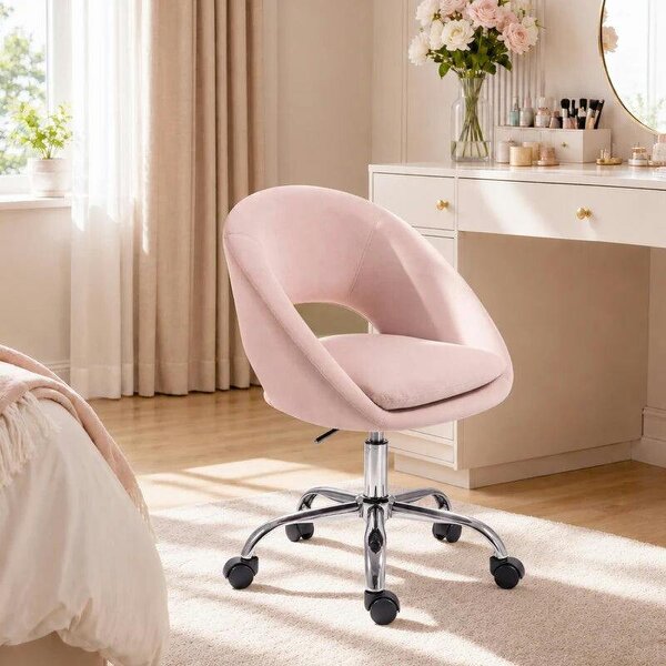 Velvet Desk Chair, Modern Office Chair with Height-Adjustable, Wheels, for Home Study Bedroom, Pink