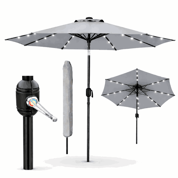 GlamHaus Garden Parasol Solar LED 2.7M ,Tilting Table Umbrella with Crank Handle, Protection UV40, Includes Parasol Cover- Grey