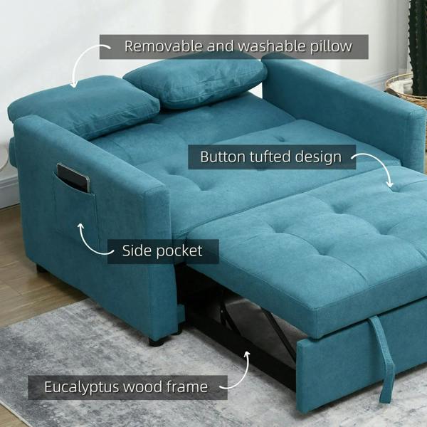 Blue loveseat sofa bed with button-tufted design, side pocket, and removable pillow