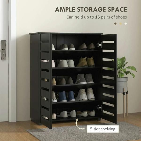 Black shoe cabinet with slatted doors open, showing 5-tier shelves for shoes